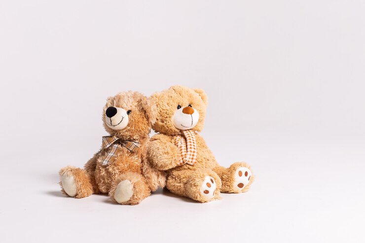 Dois ursos de brinquedo sentado em branco