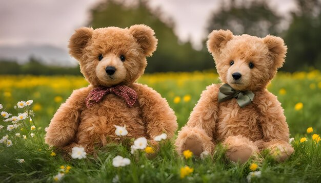 dois ursos de pelúcia sentam-se num campo de flores com margaridas ao fundo