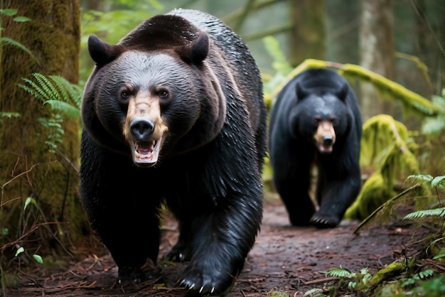 Foto dois ursos estão caminhando na floresta, um dos quais é um urso.