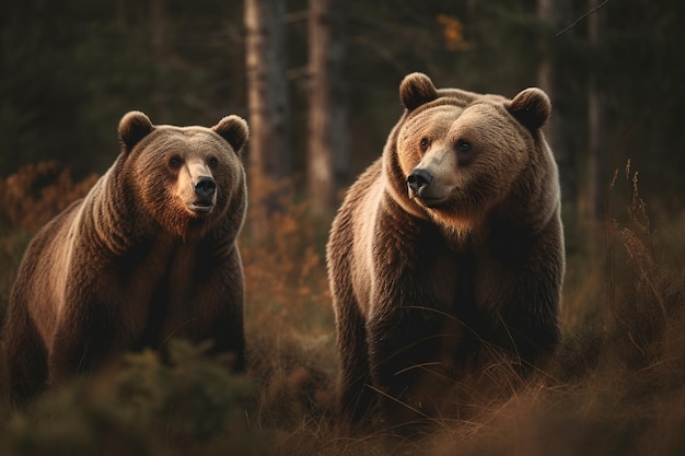 Dois ursos marrons na floresta de outono Cena de vida selvagem da natureza