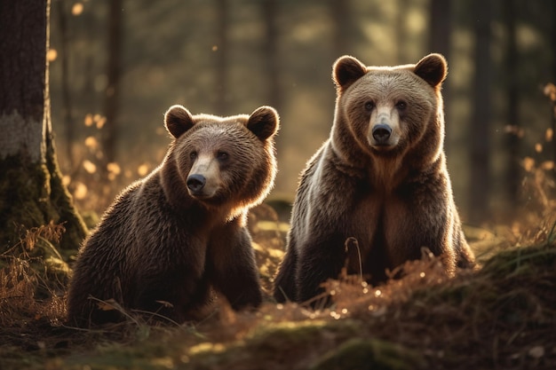 Dois ursos marrons na floresta de outono Cena de vida selvagem da natureza