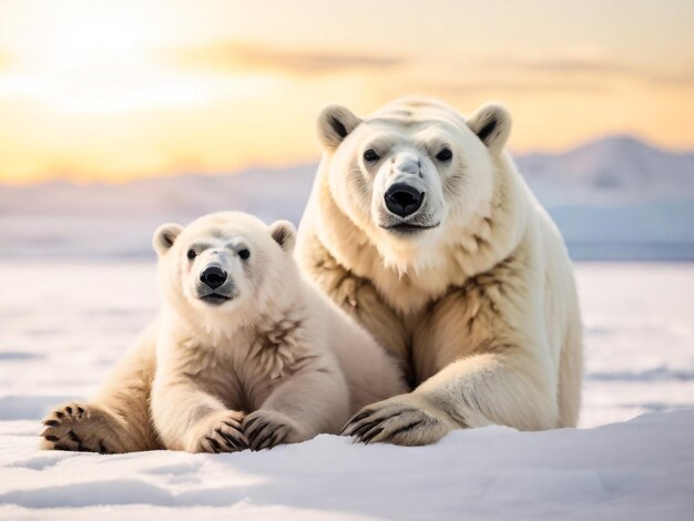 Foto dois ursos polares estão na neve e um está de mãos dadas.