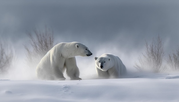 Dois ursos polares na neve, um dos quais está olhando para a câmera.