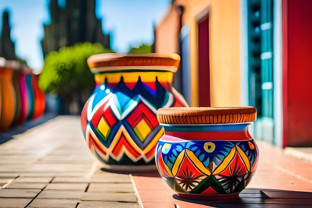 Dois vasos coloridos estão sobre um deck de madeira.