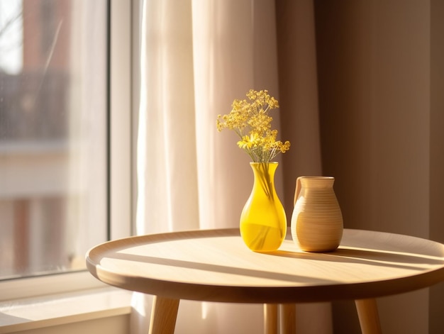 Dois vasos com flores amarelas estão sobre uma mesa ao lado de uma janela.