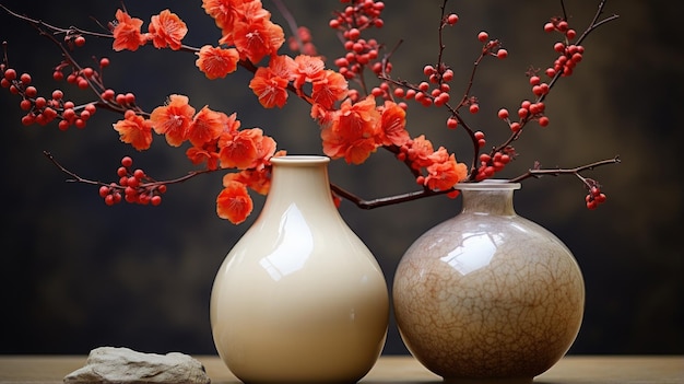 Dois vasos com flores e uma pedra sobre uma mesa ai