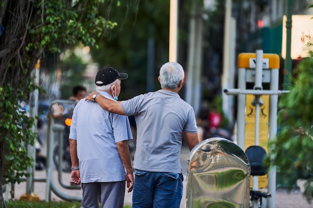 Dois velhos amigos de pé no parque