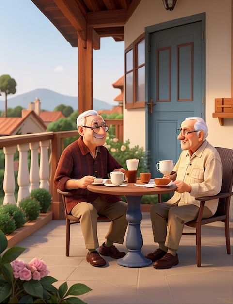 Foto dois velhos estão a desfrutar de café e lanches no terraço da casa.