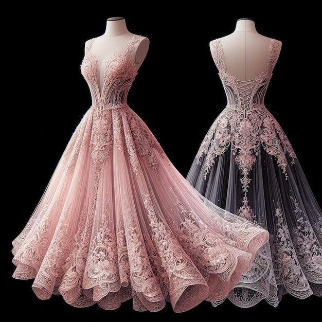 dois vestidos de rosa e branco são mostrados em um fundo preto