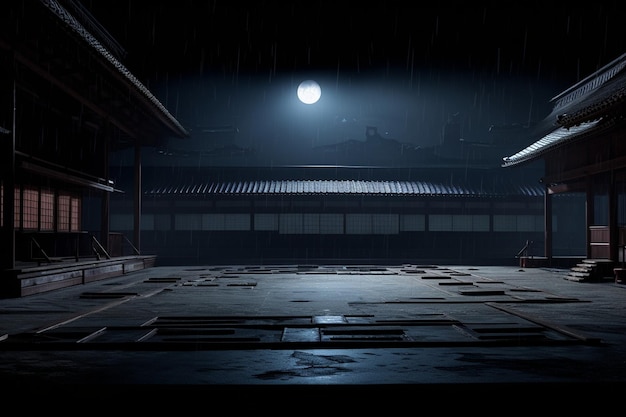 Foto dojo de kendo abandonado bajo la luna llena