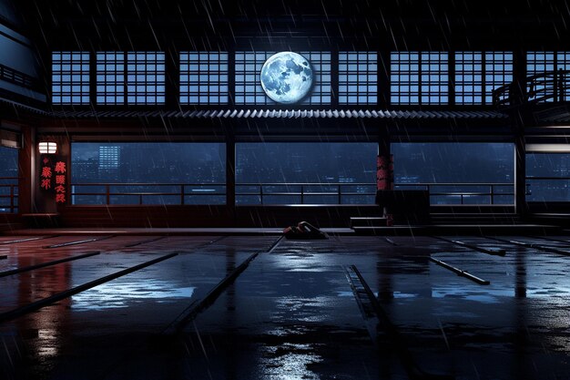 Foto dojo de kendo abandonado bajo la luna llena