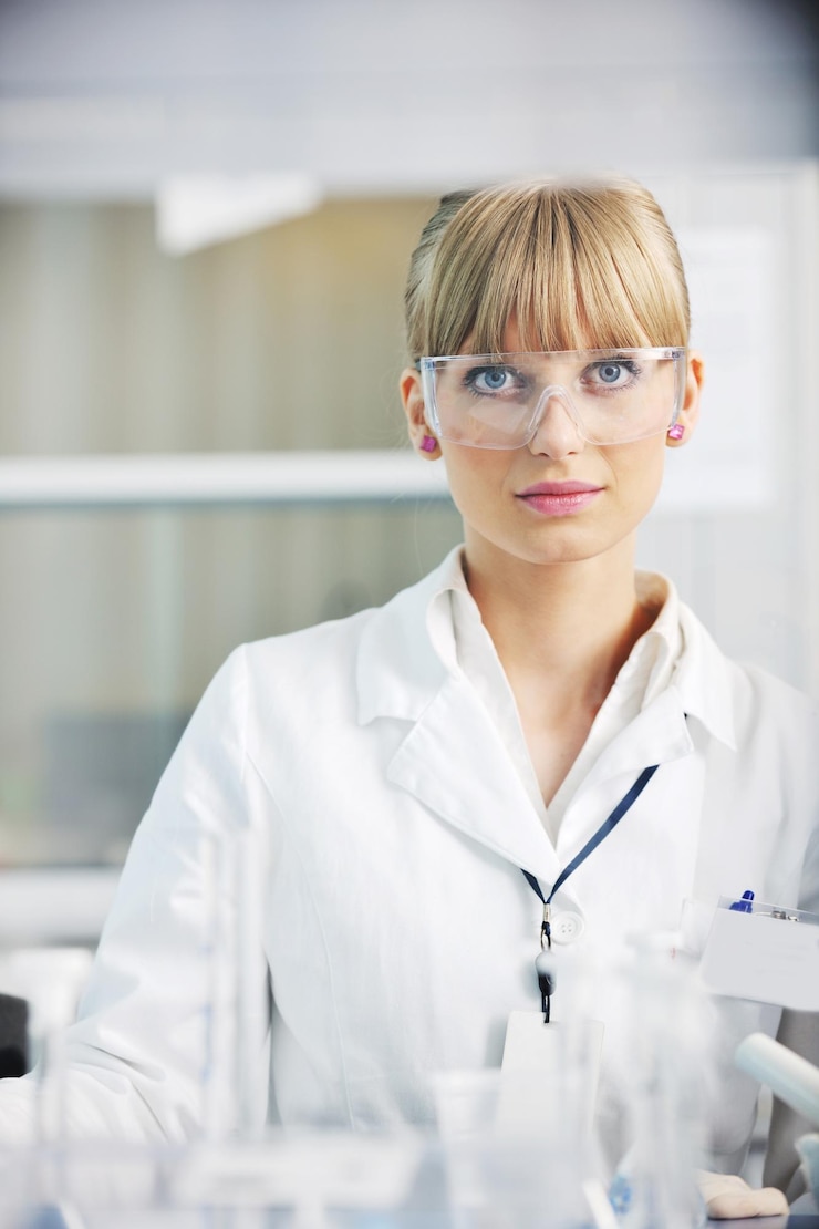 Foto doktorandin forscherin hält ein reagenzglas im hellen labor der chemie hoch