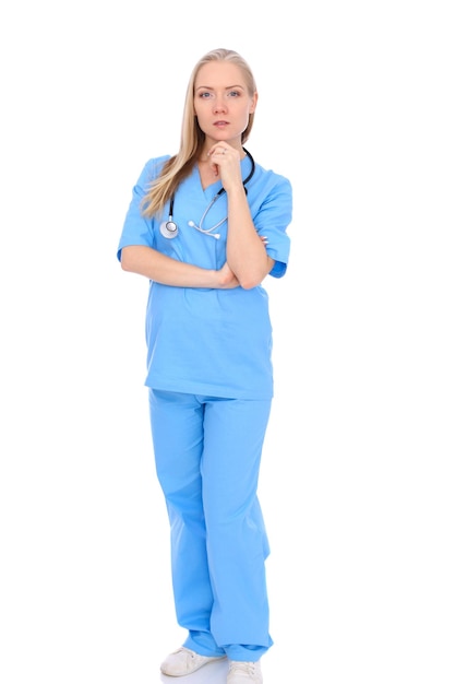Doktorfrau oder -krankenschwester lokalisiert über weißem Hintergrund. Fröhlich lächelnder Vertreter des medizinischen Personals. Medizin-Konzept.