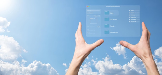 Dokumentenmanagement-Konzept Virtuelle Bildschirmsymbole Dokumentenmanagementsystem DMS Online-Dokumentendatenbanksoftware zur effizienten Archivierung, Suche und Verwaltung von Unternehmensakten und -daten