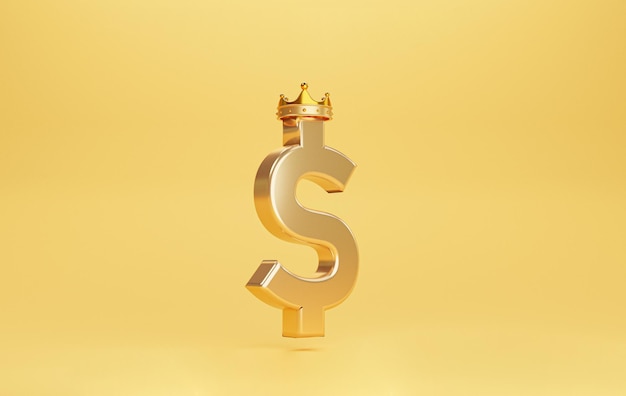 El dólar estadounidense dorado o el signo USD con corona de oro sobre fondo amarillo para USD es el rey o el principal cambio de moneda en el mundo desde el concepto de Estados Unidos de América por 3D Render