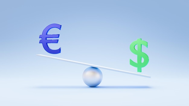 Dólar euro saldo euro vs dólar Signo dólar y euro equilibrio a bordo cotizaciones de las principales monedas del mundo dólar y euro representación 3d