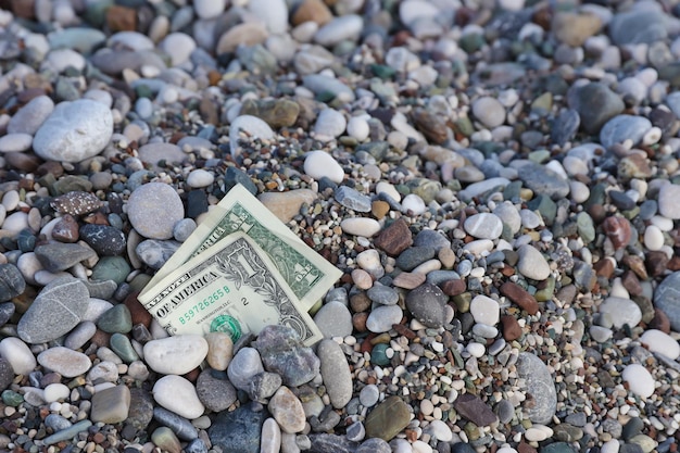 Un dólar medio cubierto de rocas redondas se encuentran en la playa