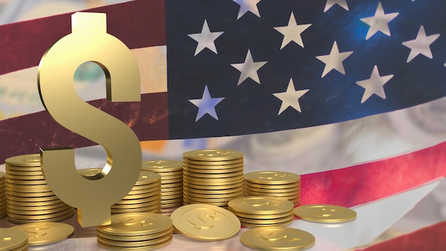 El dólar de oro y las monedas de oro fondo de la bandera de Estados Unidos para el concepto de negocio representación 3d