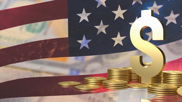 El dólar de oro y las monedas de oro fondo de la bandera de Estados Unidos para el concepto de negocio representación 3d