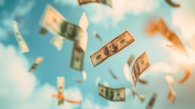 Dólares em cascata contra um céu azul conceitualizando abundância financeira e riqueza