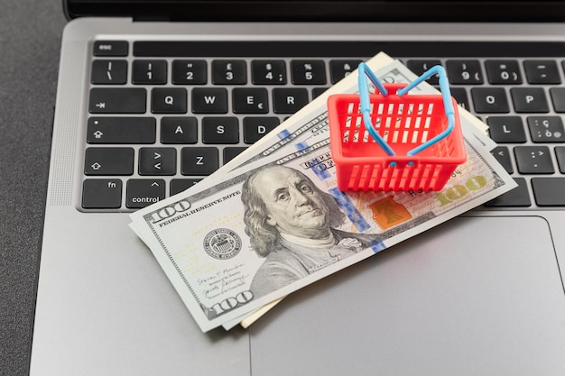 Dólares em dinheiro e pequeno carrinho de compras no laptop Custo da cesta de compras do comprador Compras online