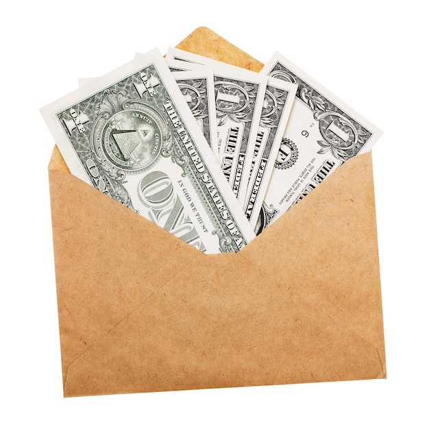 Foto dólares em envelope isolado no fundo branco conceito de pagamento cinza
