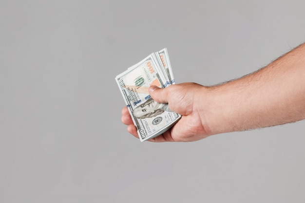 Foto dólares estadounidenses en una mano masculina
