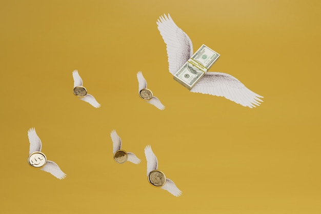 Dólares de papel y monedas de oro de dólares con alas volando sobre un fondo amarillo 3d render