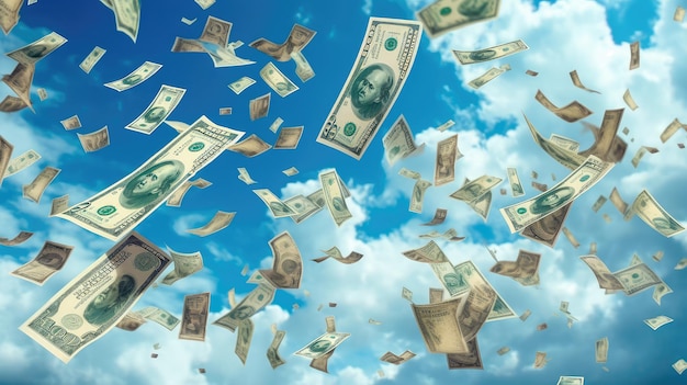 Foto dólares voladores billetes aislados sobre un fondo azul el dinero está volando en el aire el dinero la lluvia ai generativa