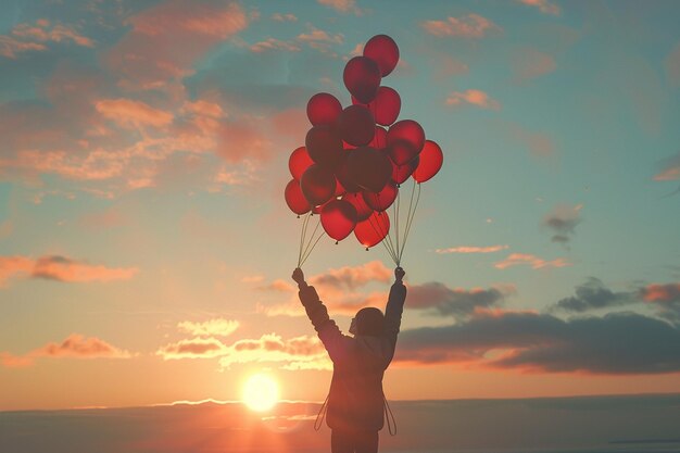 Foto un doliente liberando un grupo de globos en el