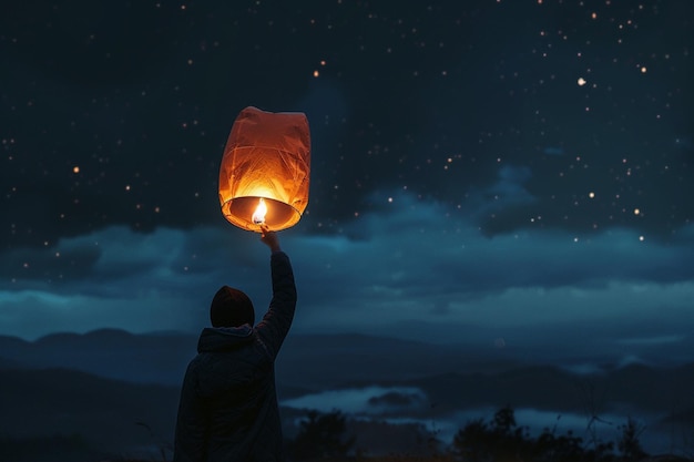 Foto un doliente liberando una linterna en el cielo nocturno