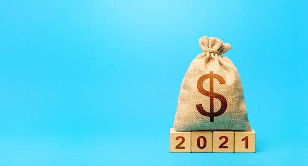 Dollar Geldsack und Blöcke 2021. Budgetplanung für 2021.
