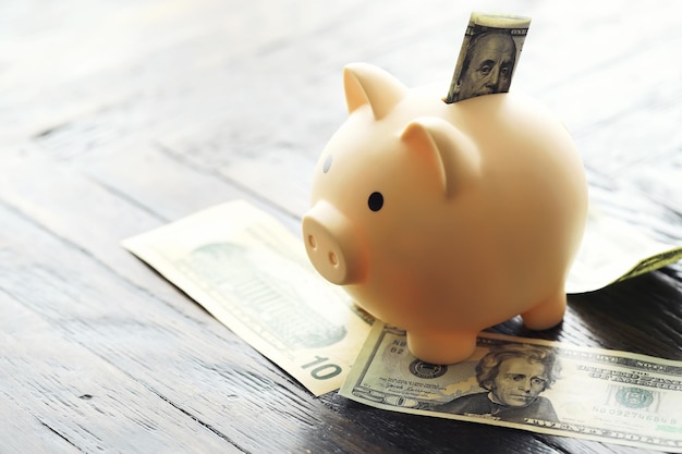 Dollar in Bündeln auf weißem Hintergrund mit einem Sparschwein-Schweindarlehen, um das Geschäftskonzept der Bank zu retten