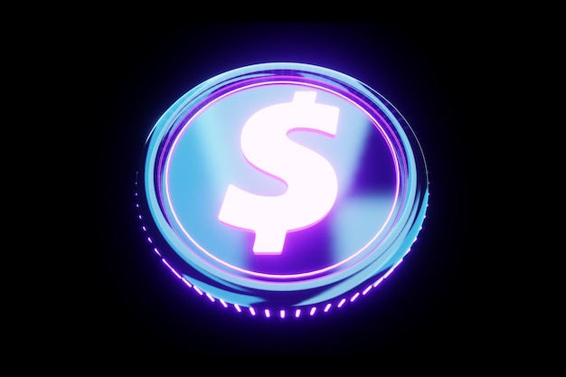 Foto dollar neon coin 3d diseño moderno sobre un fondo oscuro el concepto de tecnología comercio por internet globalización de negocios ilustración 3d 3d render espacio de copia