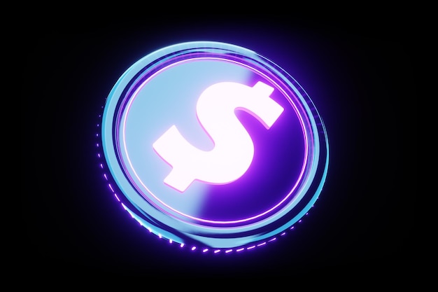 Dollar neon coin 3d diseño moderno sobre un fondo oscuro El concepto de tecnología comercio por internet globalización de negocios ilustración 3d 3d render espacio de copia