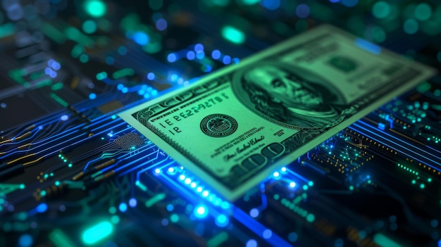 Dollar-Scheine auf Computer-Schaltplatten Konvergenz blaues Licht und Netzwerk-Hintergrund Drahtrahmen grün Computer grüne Technologie grüne IT soziale Verantwortung und IT-Ethik Konzept
