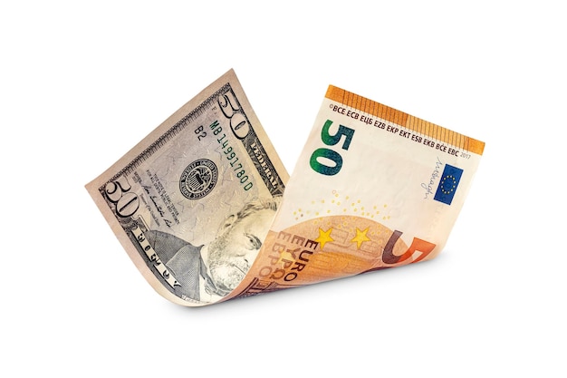 Dollar und Euro isoliert auf weißem Hintergrund Konzept der Gleichheit der Wechselkurse von Dollar und EU