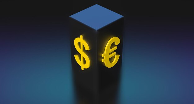 Dollar- und Euro-Zeichen-Konzept Gelber Euro und Dollar auf einer Stange 3D-Renderillustration
