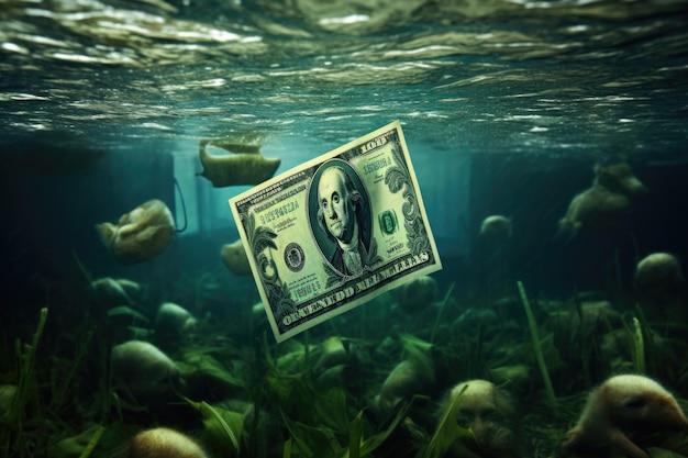 Dollarnoten ertrinken im Schwimmbad Banknoten unter Wasser Finanzkrise, Konkurs und Rezessionskonzept