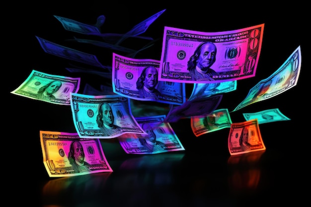 Dollarscheine fallen mit neonfarbenem Hintergrund