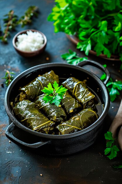 Foto dolma en hojas en un plato enfoque selectivo