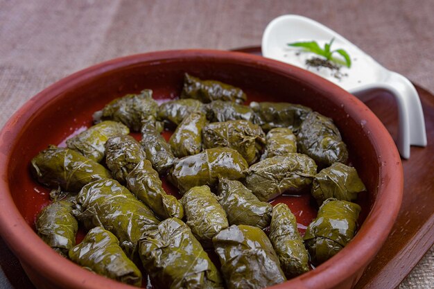 Dolma oriental con cordero en platos oscuros