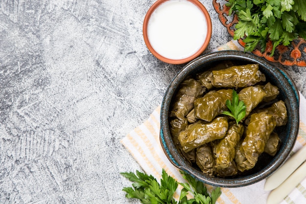 Dolma tradicional (sarma) en hojas de parra con copyspace. Líbano turco cocina del Medio Oriente griego. Cena comida dolmadakia