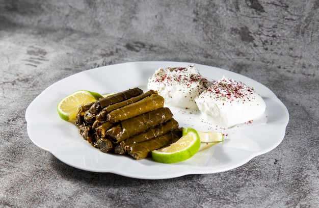 Foto dolma tradicional turca con yogur