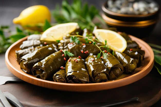 Dolmades griegos rellenos de hojas de parra en un plato