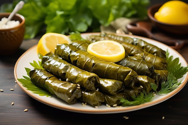 Dolmades griegos rellenos de hojas de parra en un plato