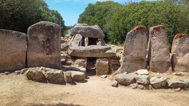 Dolmen mit Bäumen im Hintergrund in Sardinien, Italien