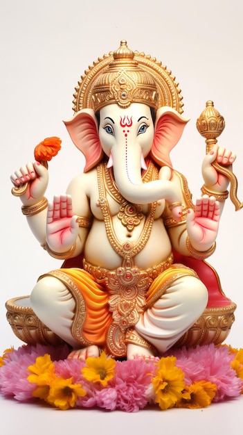 Ídolo sagrado de Ganesha em tela branca em reverência à divindade hindu