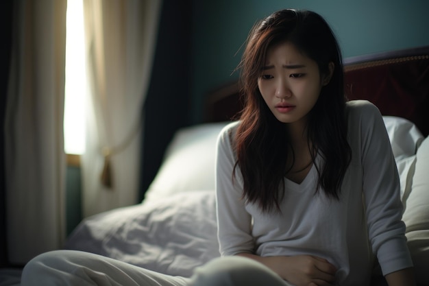 Dolor abdominal de una joven asiática sentada en la cama en el dormitorio después de
