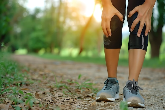 Dolor en la articulación de la rodilla en la deportista en el parque